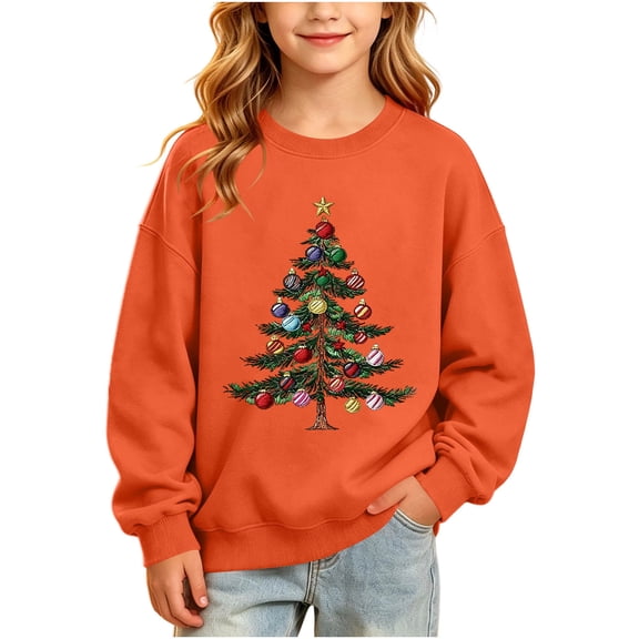 Edvintorg Girls Sweatshirt Christmas Printed Long Sleeve Fleece Pullover Top Loose Casual Sweatshirts Teen Girl Clothes Size 2-15