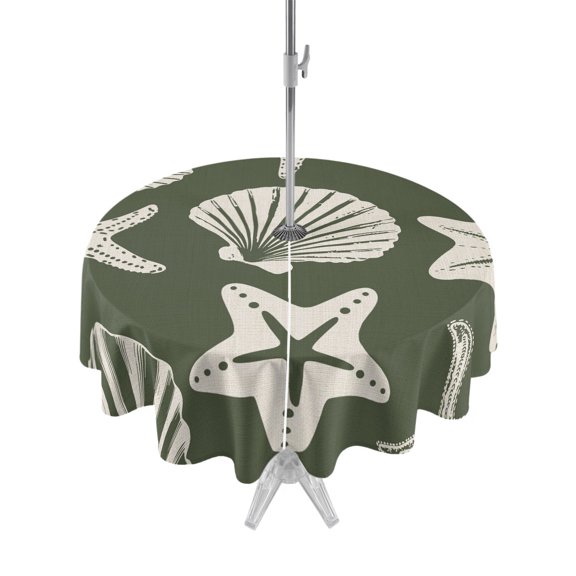 Outdoor Tablecloth with Umbrella Hole Zipper Moss Green Coastal Starfish Round Tablecloth 60" Waterproof Outside Table Cloth Ocean Sea Shells Nautical Marine Patio Table Cover Tablecloths for Picnic
