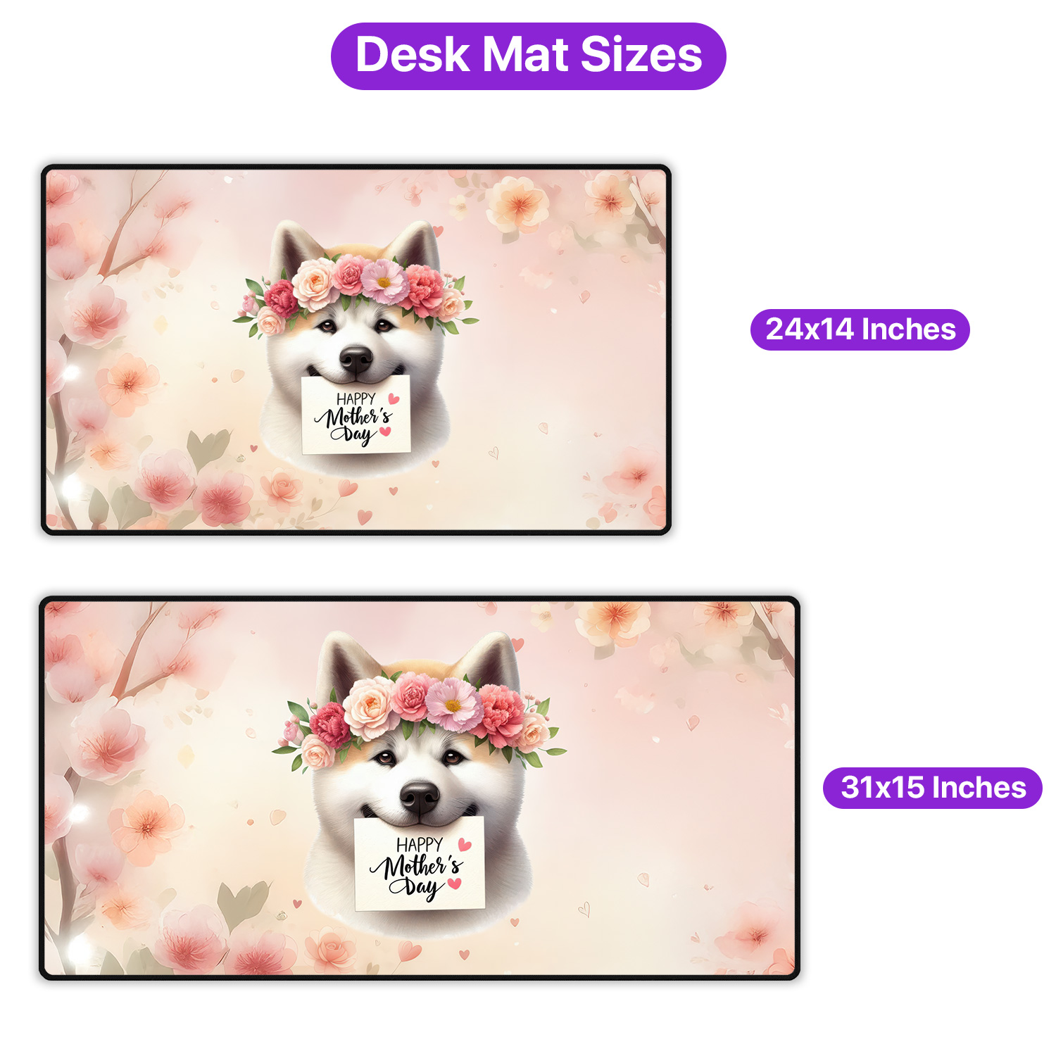 Happy Mother's Day Akita with Flower Crown and Greeting Card Desk Mat Full Keyboard Mouse Pad Inu Dog Lover Large Mousepad - 13004