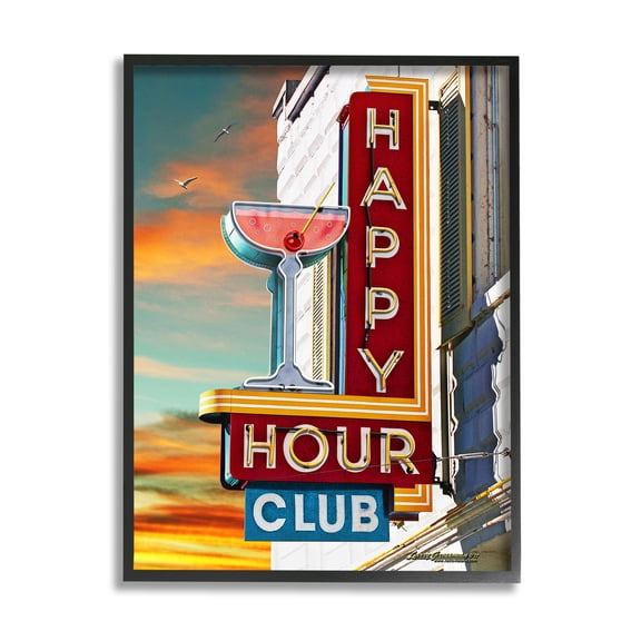 Stupell Industries Happy Hour Club Sign Food & Beverage Painting Black Framed Art Print Wall Art, 11 x 14