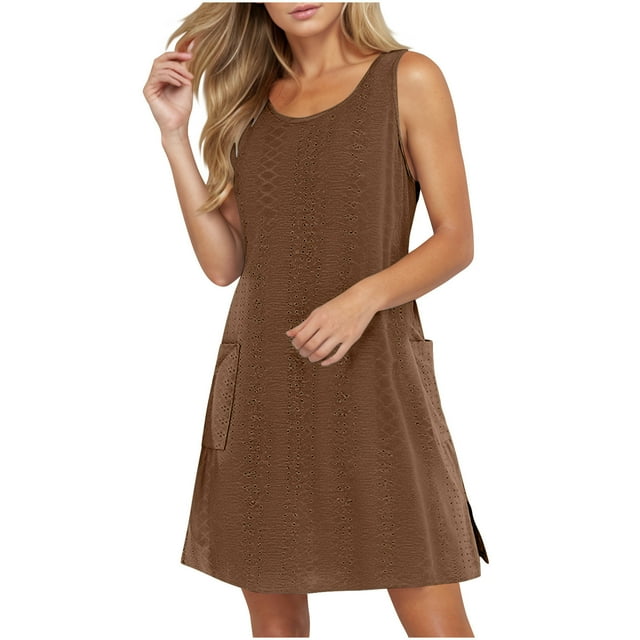 KIHOUT Robes d'Été pour Femmes 2025 à Oeillets Décontractées Amples à Col Rond Sans Manches Robes de Plage avec Poches Café 2TG