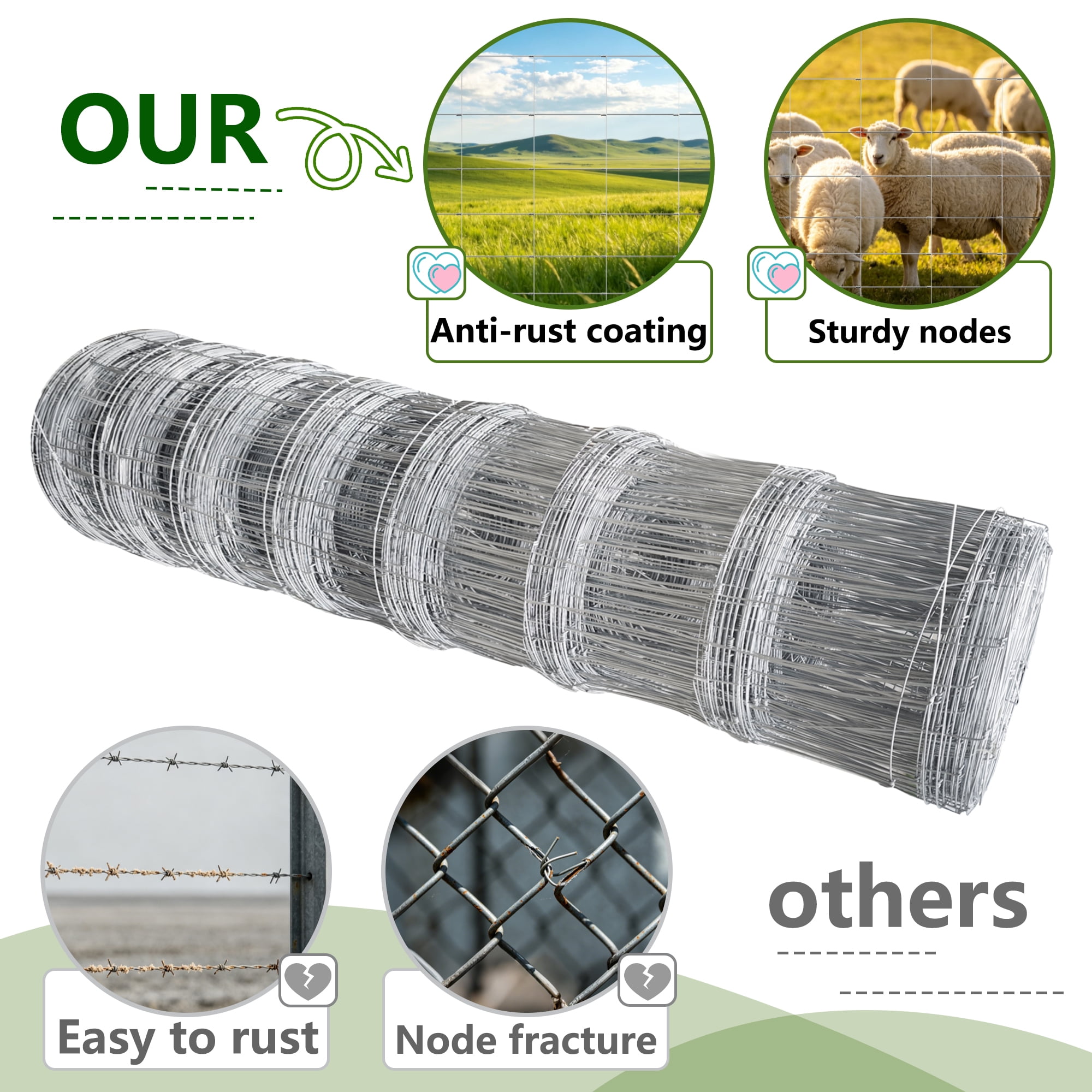 Wakefit 5.9 x 164 FT Farm Fence,Heavy-Duty Galvanized Wire Livestock Fence,15-Gauge Steel Mesh for Sheep Duck Pig Cattle Wire Fencing for Yard,Garden,and Livestock Enclosures