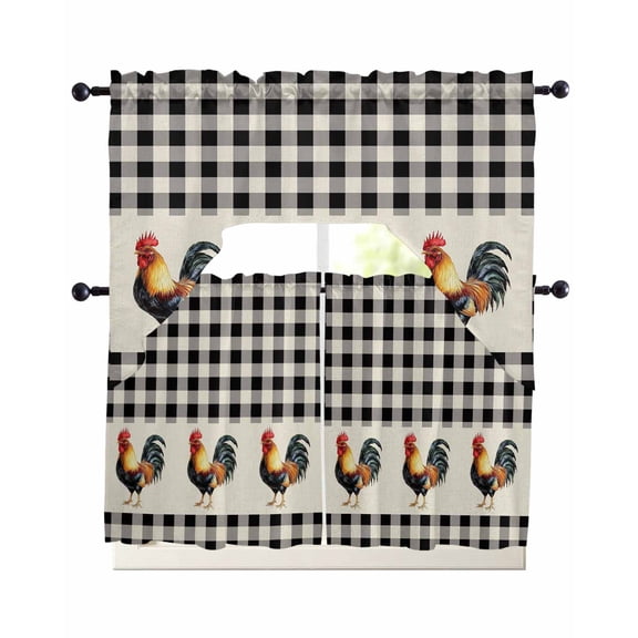 Black White Plaid Rooster Kitchen Curtains Sets 24 Inch Length with Valance, Vintage Farmhouse Checkered Rustic Swag Valances and Tiers Curtain Set Drapes Swag Curtains for Living Room, Bathroom