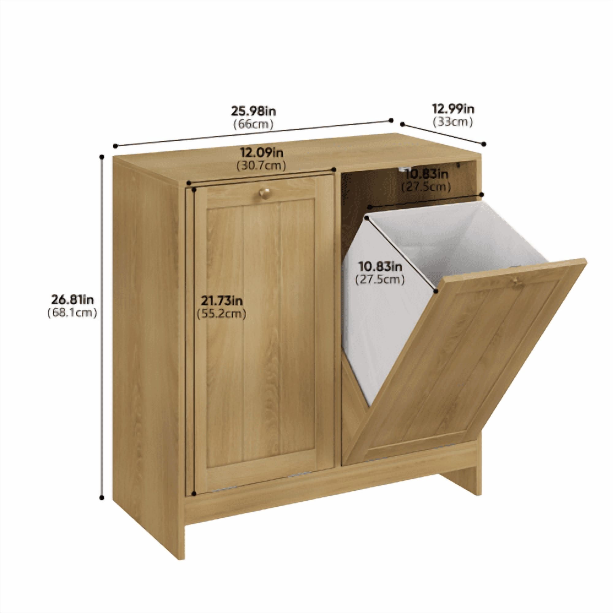 Tilted Laundry Hamper with Removable Baskets, Hidden Laundry Hamper Storage Cabinet, Free-Standing Bathroom Organizer, Oak