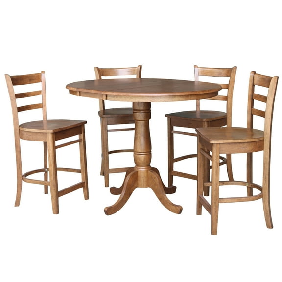 36" Round Solid Wood Extension Dining Table with 4 Stools in Distressed Oak by International Concepts