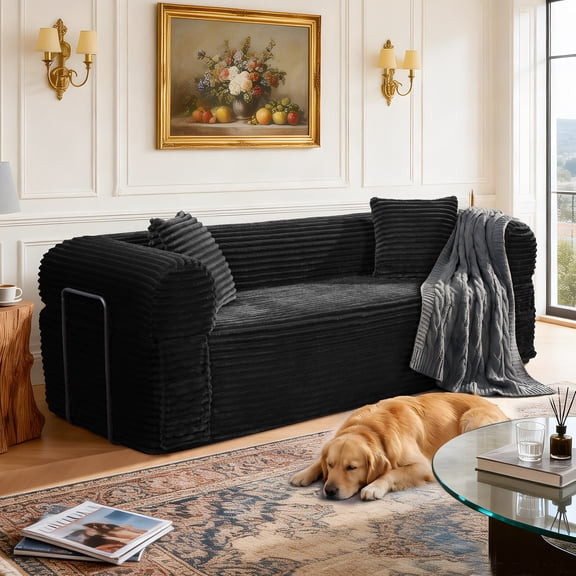 83" Cloud Boneless Couch for Living Room – 3-Seater Corduroy Sofa with Fixed-Shape Frame, Single Sleeper Sofa Bed, No Assembly Required, Memory Foam & Springs, Space-Saving Design, Black