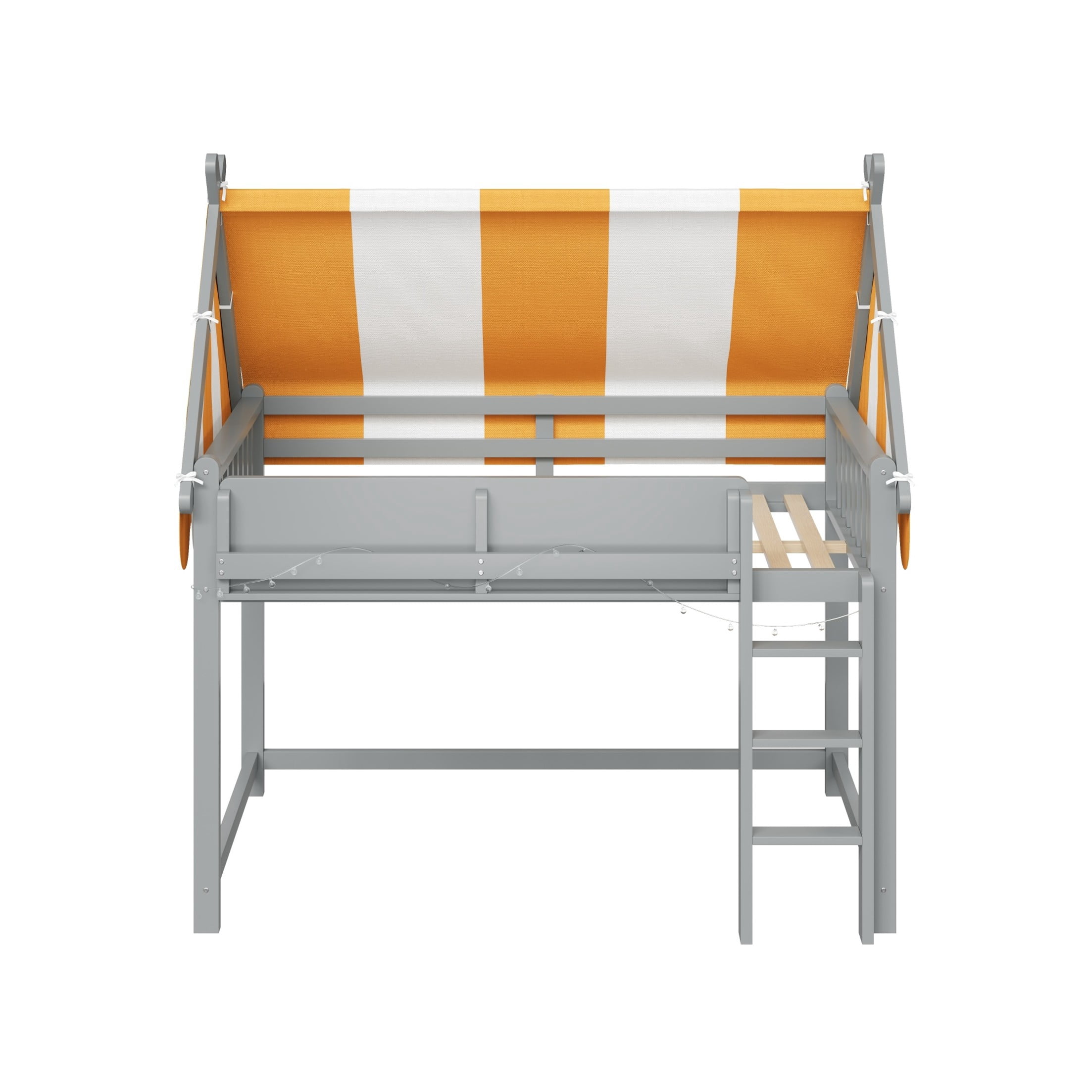 Noble House Sidney Twin Size Loft Bed with Canopy and LED Lights, Wood Loft Bed with Bookshelf, Playful Design, Gray