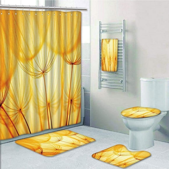 EREHome Joy of Dandelion Flower Garden Seeds in Hot Summer Time Merigold 5 Piece Bathroom Set Shower Curtain Bath Towel Bath Rug Contour Mat and Toilet Lid Cover