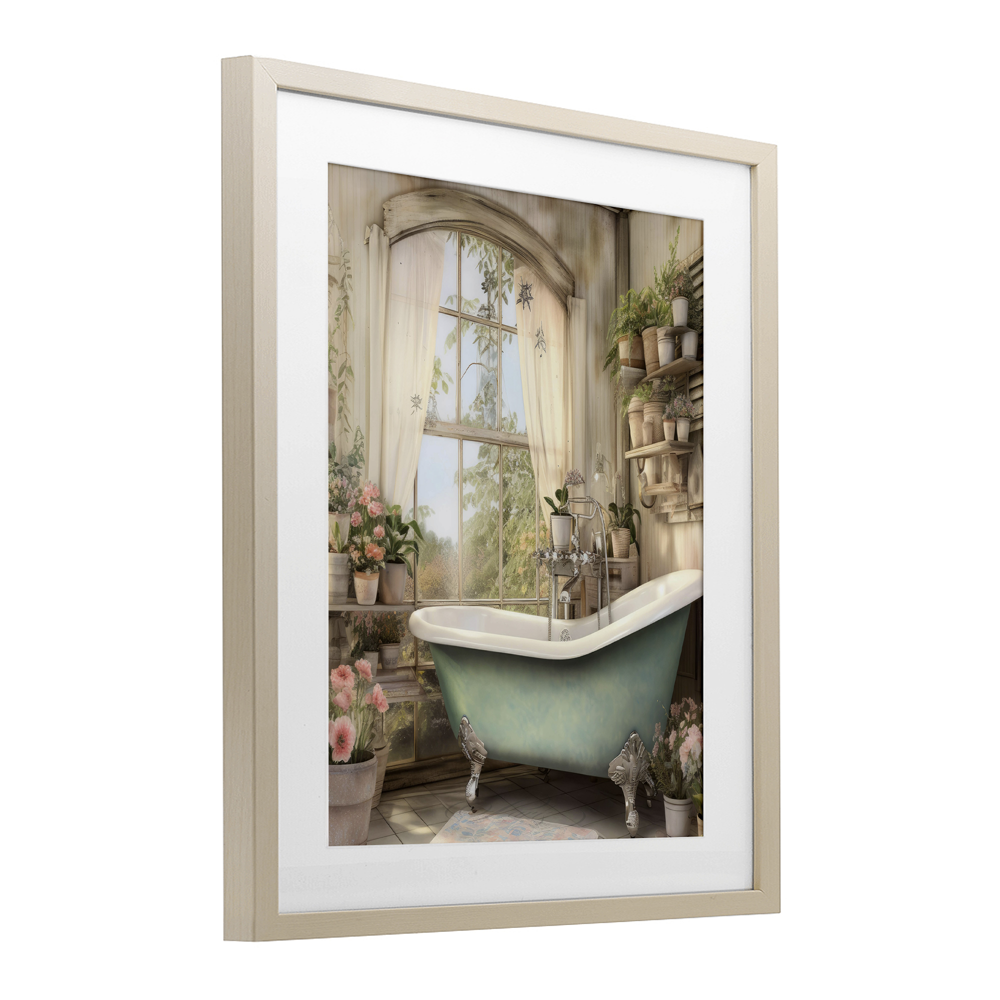 Bathroom with Floral Filled Shelves Birch Framed Print Under Glass, design by Lettered and Lined