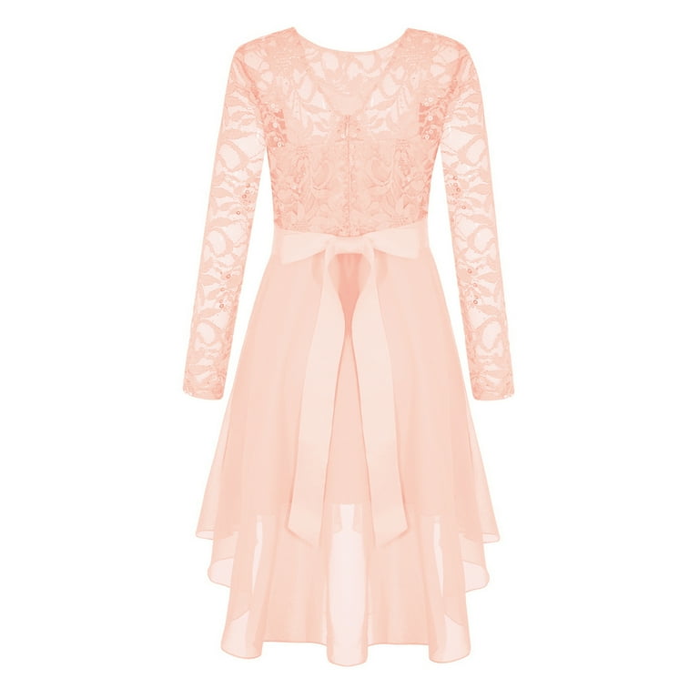 YONGHS Girls Elegant Lace Flower Girl Dress Long Sleeve A-Line High Low Hem  Junior Bridesmaid Dress Pink 10 - Walmart.com