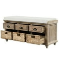 thumbnail image 3 of 42.1" Farmhouse Storage Bench with 3 Drawers and 3 Rattan Baskets, Retro Shoe Bench Chair with Removable Cushion Seat and Wood Legs, Wooden Ottoman Footrest for Living Room Entryway, White Washed, 3 of 7
