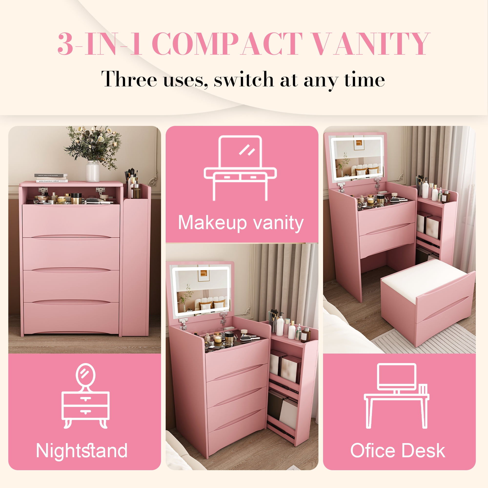 3-in-1 Flip Mirror Vanity Desk with Lights & Storage, Makeup Dressing Table with Adjustable LED, Side Sliding Tray and Stool, Space-Saving Furniture for Bedroom(Pink)