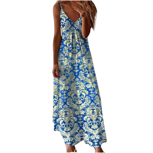 Vestido de Verano para las Mujeres Sexy Impreso Camis sin Mangas Cuello en V, Poliéster Casual Spandex para el Uso Diario Y de Primavera