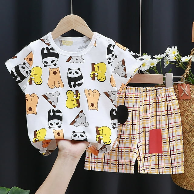 Toddler Boys Summer Outfit Set Two Piece Pajamas with Cartoon and Floral Pattern Designs for Playful Comfort