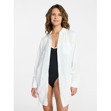 Time and Tru Women's and Women's Plus Size Essentials Convertible Button Down Shirt Coverup, Sizes XS-3X