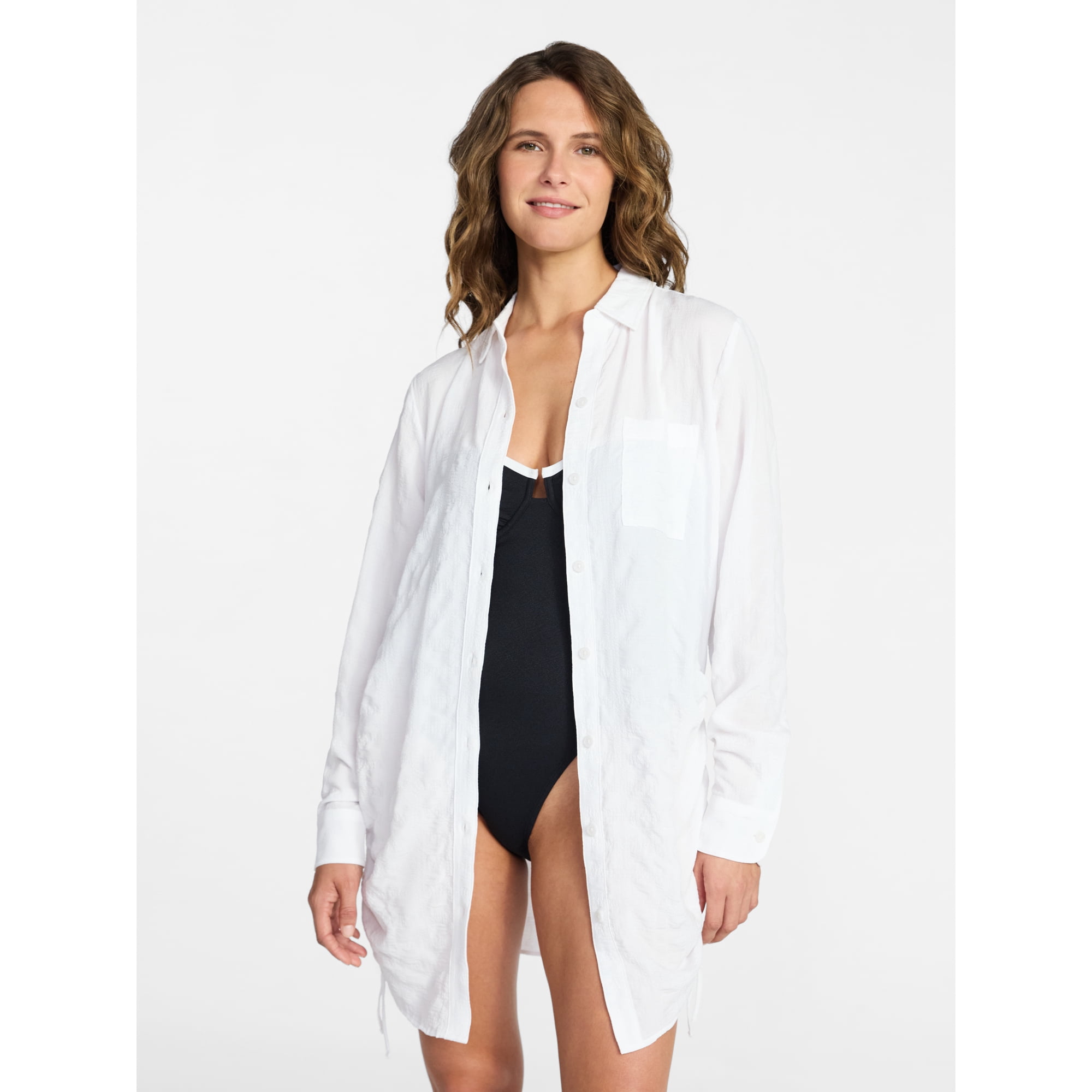 Time and Tru Women s Essentials Convertible Button Down Shirt Coverup  Sizes XS-3X