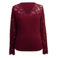 thumbnail image 7 of Delayuji Women's Long Sleeve Shirt Basic Layer Spring Solid Color V Neck Lace Mesh Sleeve Splicing Slim Fit Long Sleeved T Shirt Red, 7 of 7