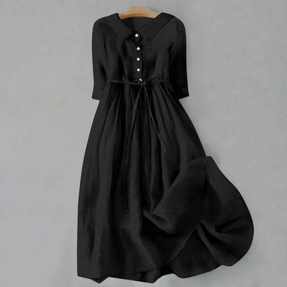 Dolkfu Refreshing Fall&Winter Dresses for Women 2026 Black Long Short Sleeve Collared Shirt Dress Regular Fashion Modern Solid Dresses Black,L