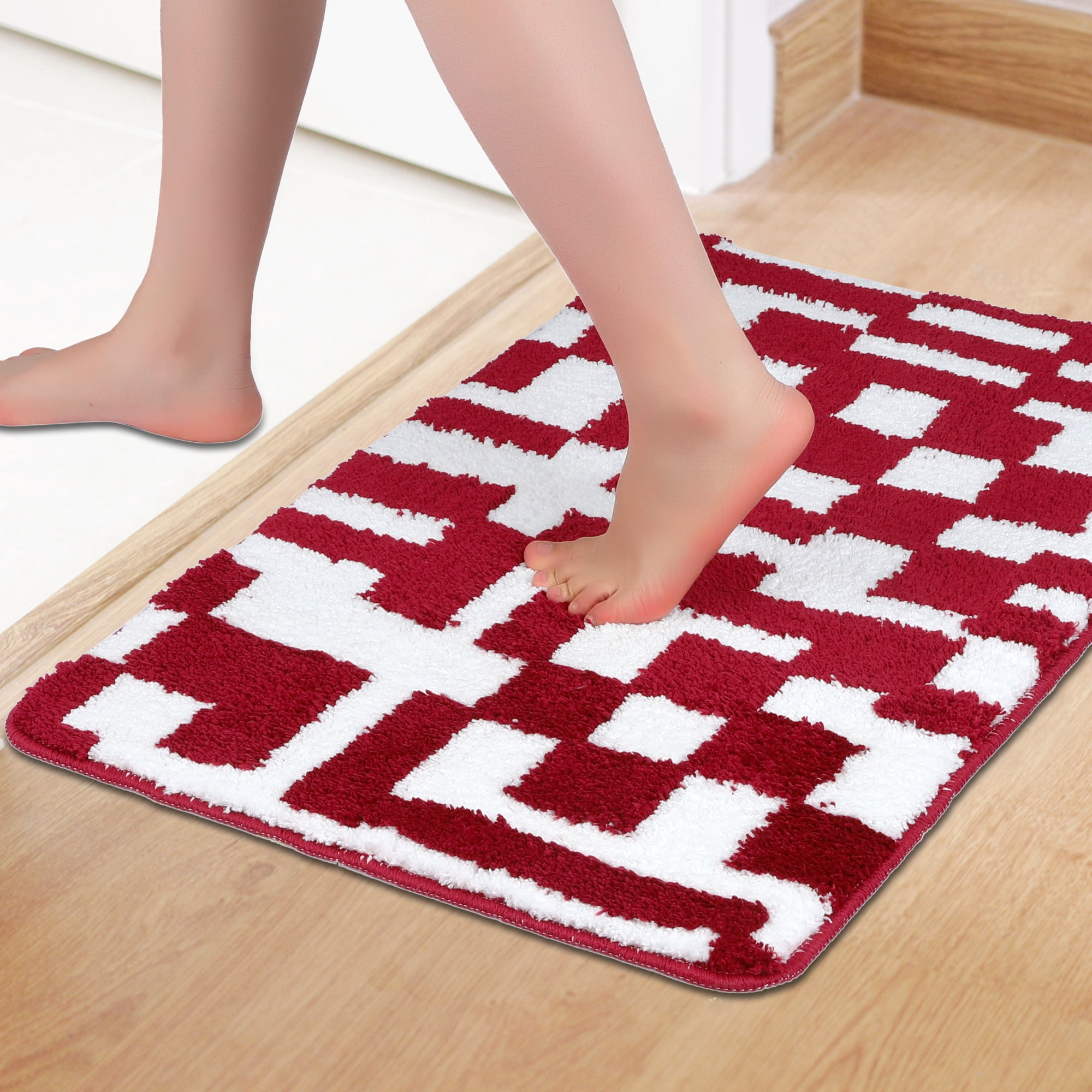 Unique Bargains Geometric Patterns Bathroom Rugs Soft Absorbent Bath Rugs Red 20" x 32"
