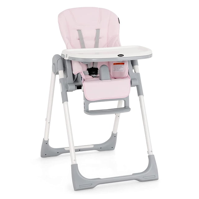 OLAKIDS High Chair for Babies & Toddlers, a convertible high chair with foldable design, adjustable backrest, footrest, and seat height. Features a removable tray, detachable PU leather cushion, and built-in rear wheels for easy mobility. Displayed in soft pink with a durable white and grey frame.