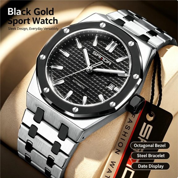 SANDA Men's SelfWinding Automatic Mechanical Watch, Stainless Steel Metal Bracelet, Octagonal Bezel, Date Display, Waterproof Business Sport Dress Watch for Gentlemen