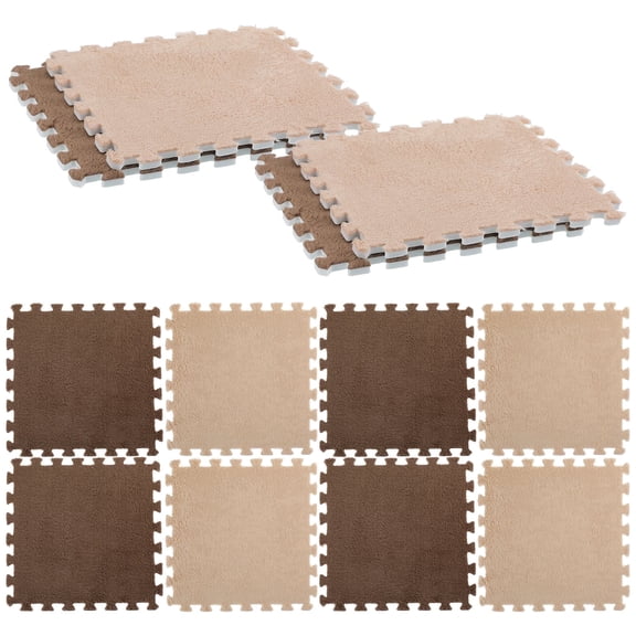 Syess 12-Piece Interlocking Foam Mats, Shaggy Plush Carpet Tiles for Home Gym, Playroom, Bedroom Floor (Coffee & Camel)