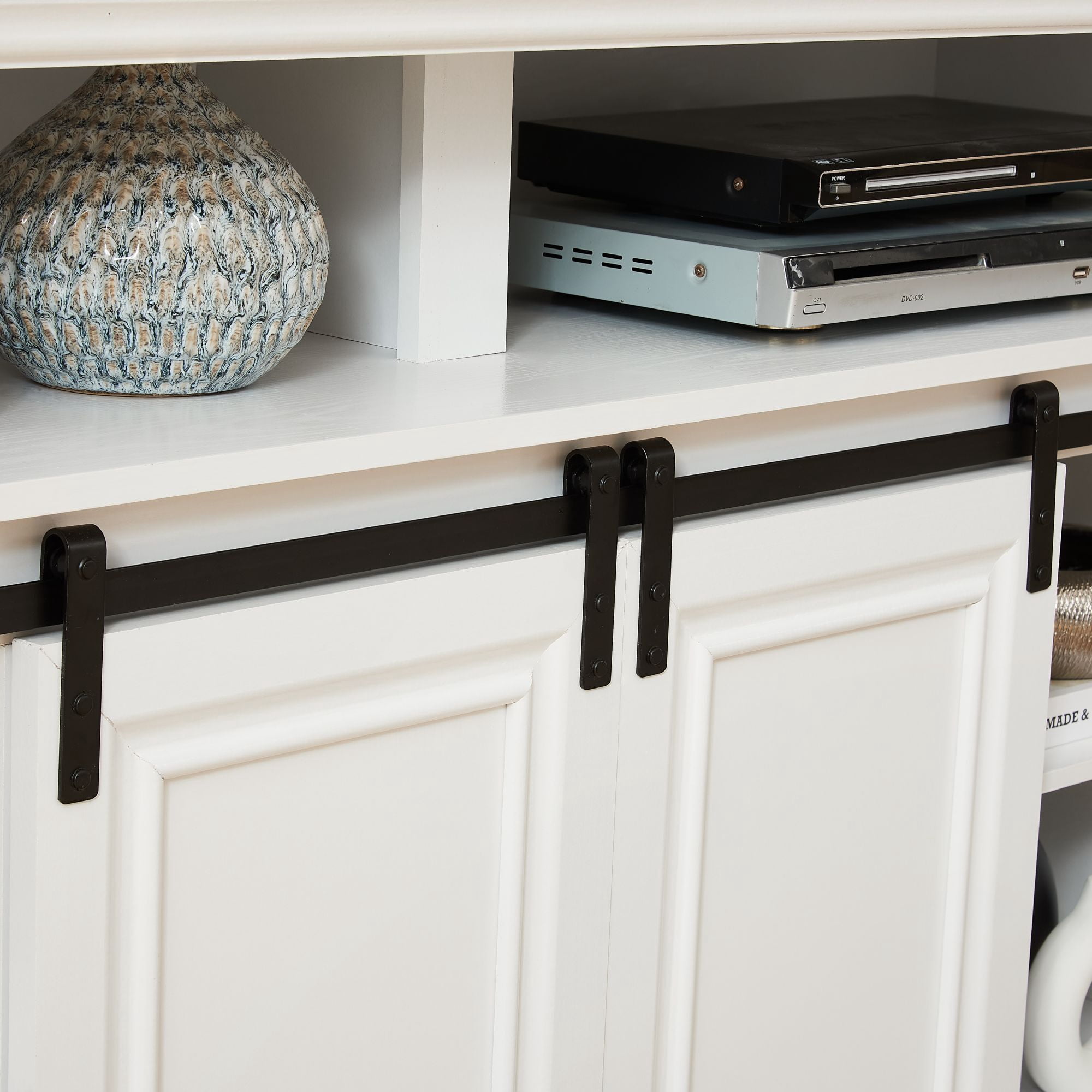DEALTOPS Mid Century TV Stand Console Table with Spacious Space and Sliding Doors for TVs Up to 65'', Antique White