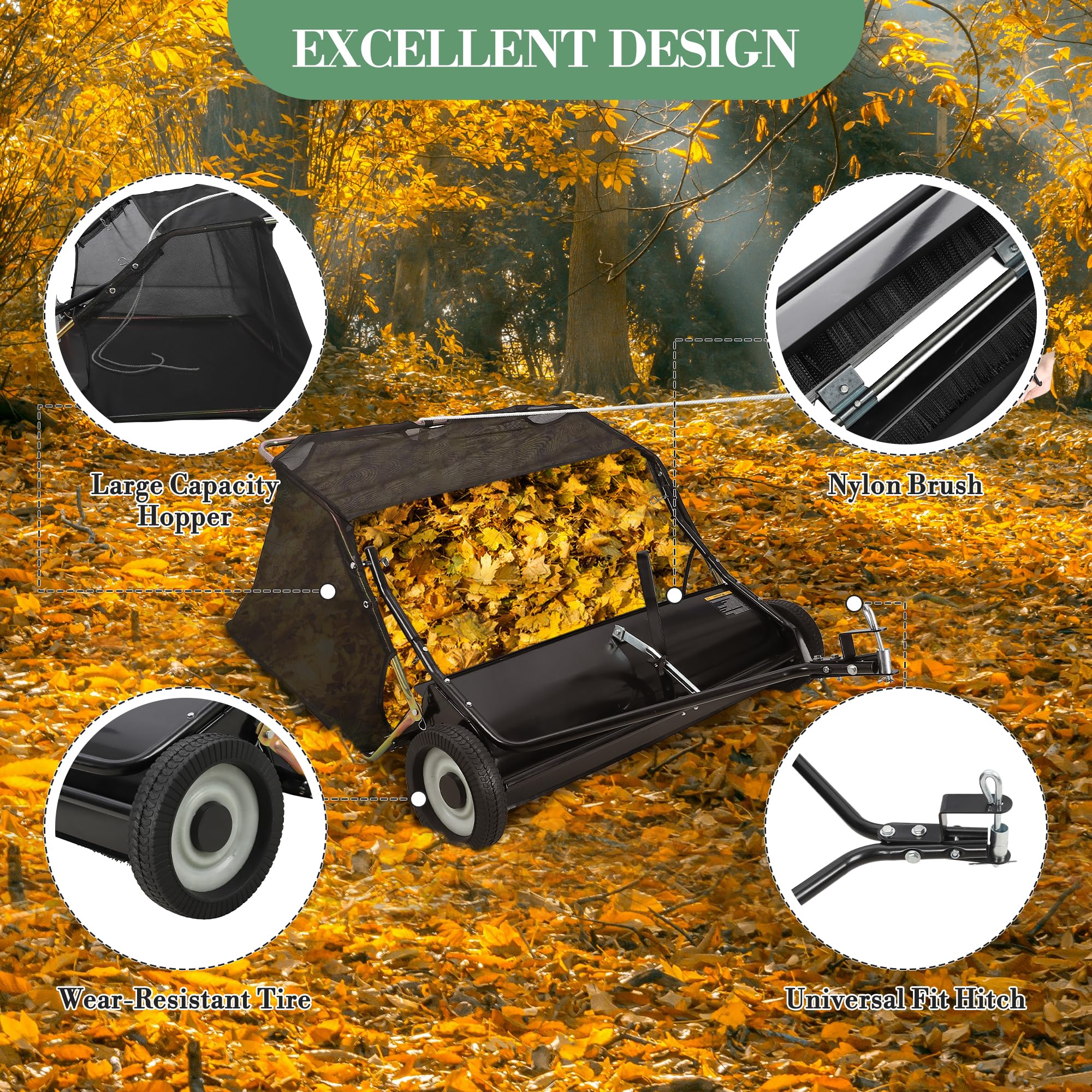 48" Tow-Behind Lawn Sweeper - 25 cu.ft. Heavy-Duty Grass & Leaf Collector with Dumping Rope, Adjustable Height for Easy Debris Pickup