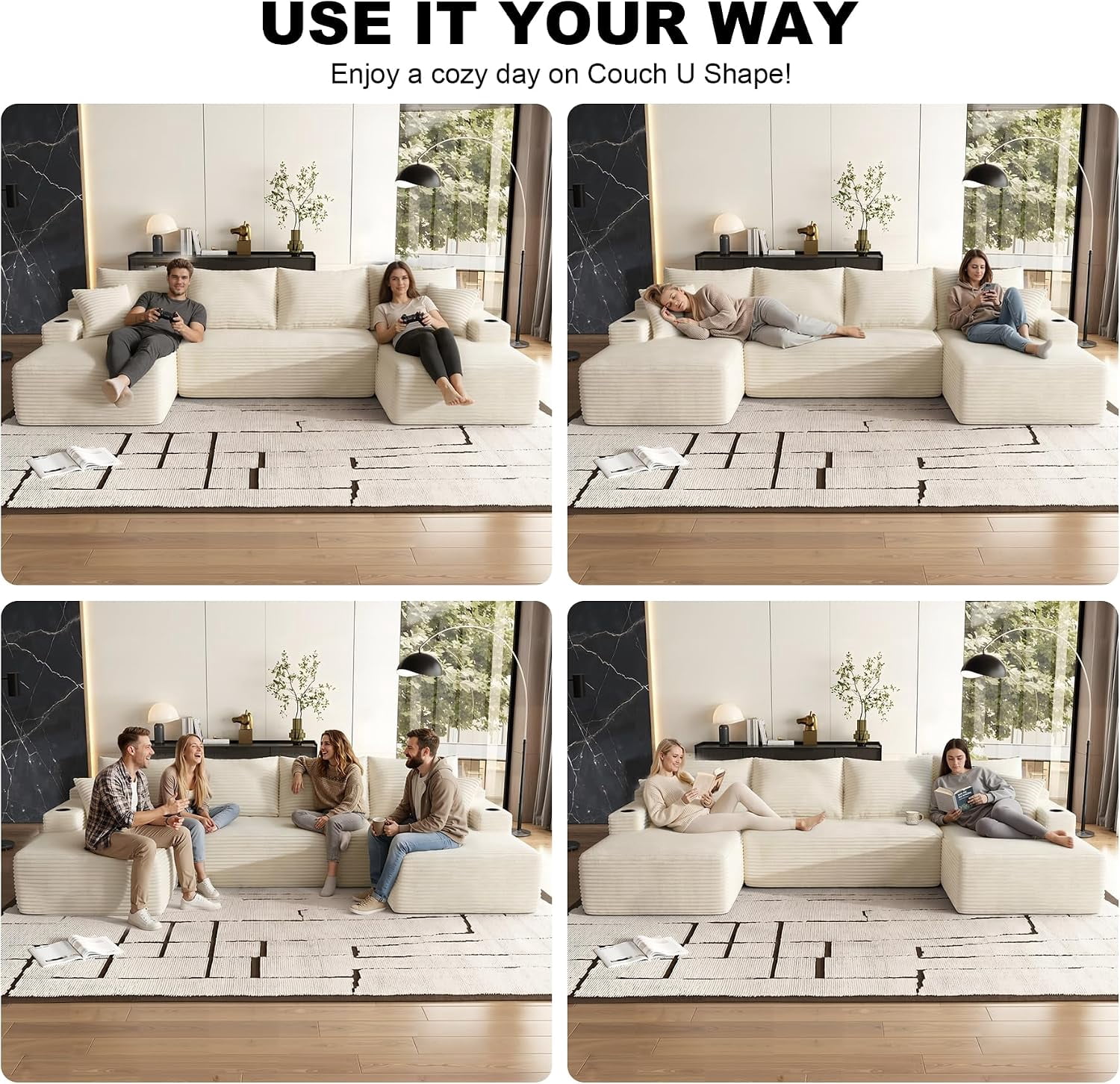 134" Compressible U Shaped Modular Sectional Sofa Set, Minimalist Corduroy Cloud Couch for Living Room, No Assembly Required