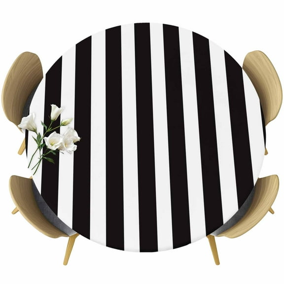 Black Striped Fitted Tablecloth with Elastic Edged, Round Table Cloth for Dining Table, Modern Farmhouse Black White Stripes Waterproof Oil Proof Table Cover for Indoor Outdoor 55"-60"