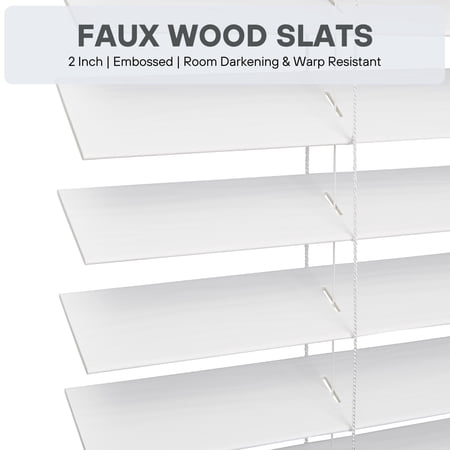 Lotus & Windoware Cordless 2 Faux Wood Room Darkening Horizontal Blind, 28 W x 60 L, Bright White, Embossed