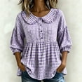 thumbnail image 2 of BODOAO Women's 2026 Gingham Peplum Blouse, 3/4 Puff Sleeve Button Down Shirt, Lightweight Breathable Loose Fit Cute Casual Top for Summer Fall Daily Wear Outfits Purple 3XL, 2 of 4