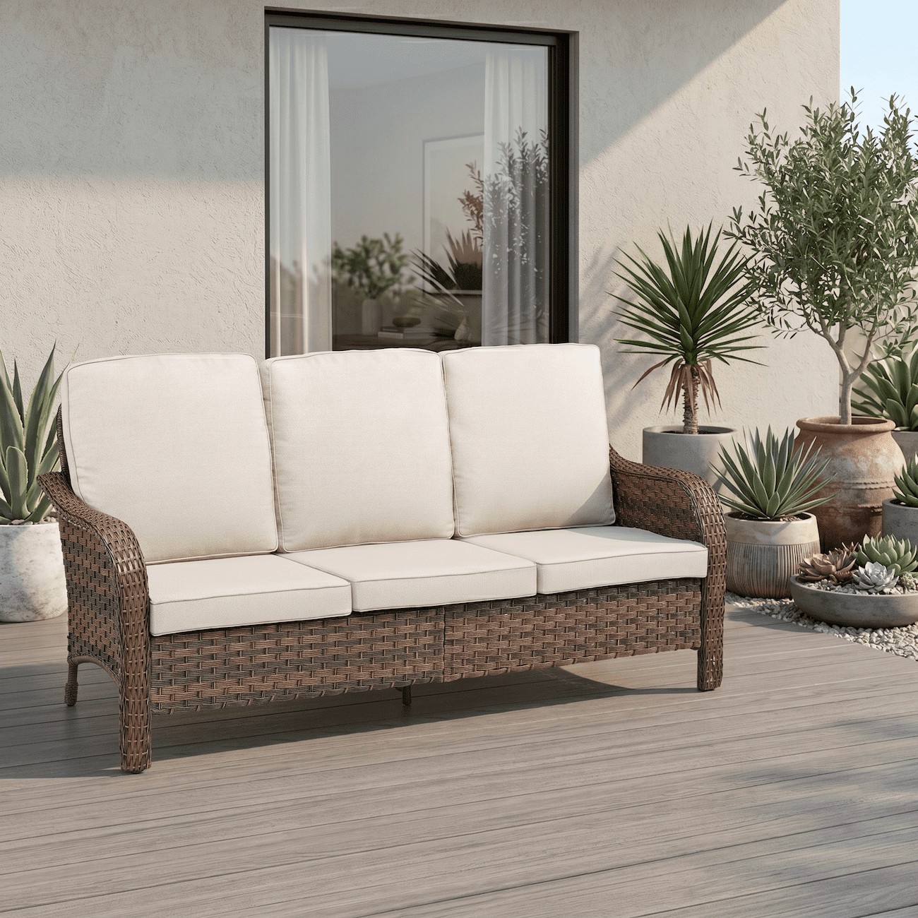 71" Outdoor Patio Sofa, 3 Seat PE Wicker Rattan Couch with Cushions, Deep Seating All Weather Outdoor Furniture, UV Resistant Waterproof Patio Couch for Backyard Garden Porch Deck, Beige