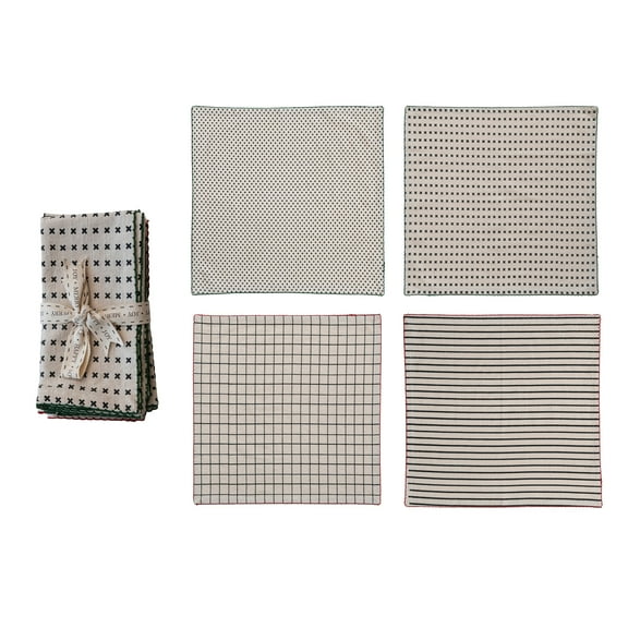 Creative Co-Op Cotton Printed Napkins with Pattern and Stitched Edge, Multicolor, Set of 4