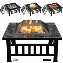 Devoko Outdoor 32" Square Metal Fire Pit with Cover and Poker, Black