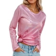 thumbnail image 2 of Rhuody Womens Tops Metallic Luster Long Sleeve Loose Fit Shiny Pullover T Shirt Blouse Crewneck Tee Leisure Wear Pink M, 2 of 4
