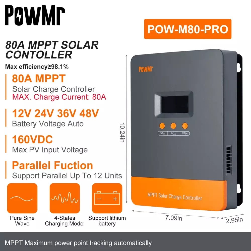 PowMr 80A MPPT Solar Charge Controller, 12V/24V/36/48VDC Input, LCD Display Solar Charge Controller for Flooded Lead-acid Vented Sealed Gel NiCd Lithium Battery, Support 12(Max) Units in Parallel