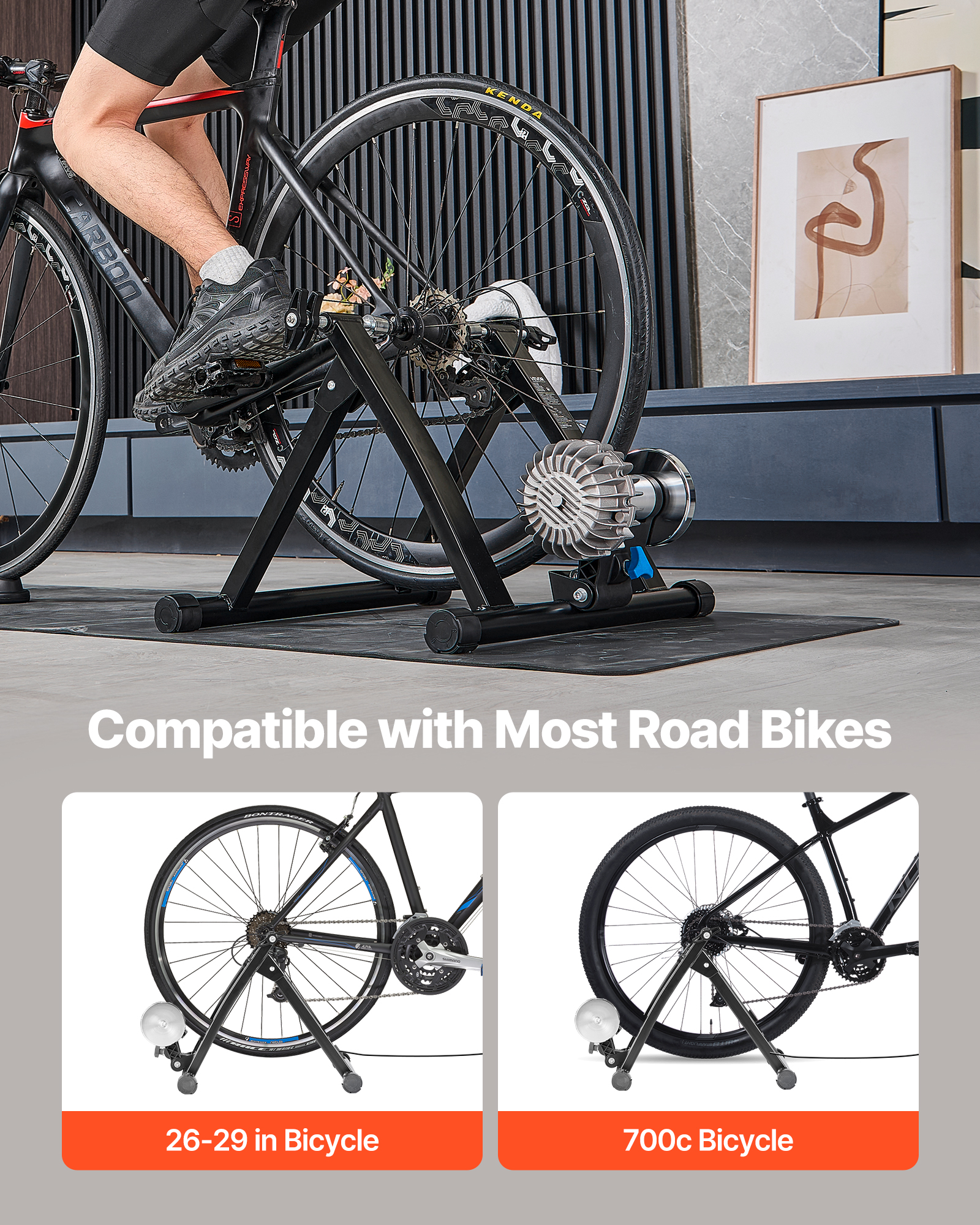 VEVOR Bike Trainer, 26-29 Inch & 700C Wheels, Foldable Fluid Bicycle Stationary Trainer Stand for Indoor Exercise Riding with Quick Release Skewer & Front Wheel Riser Block, Fits Road Bikes, Black