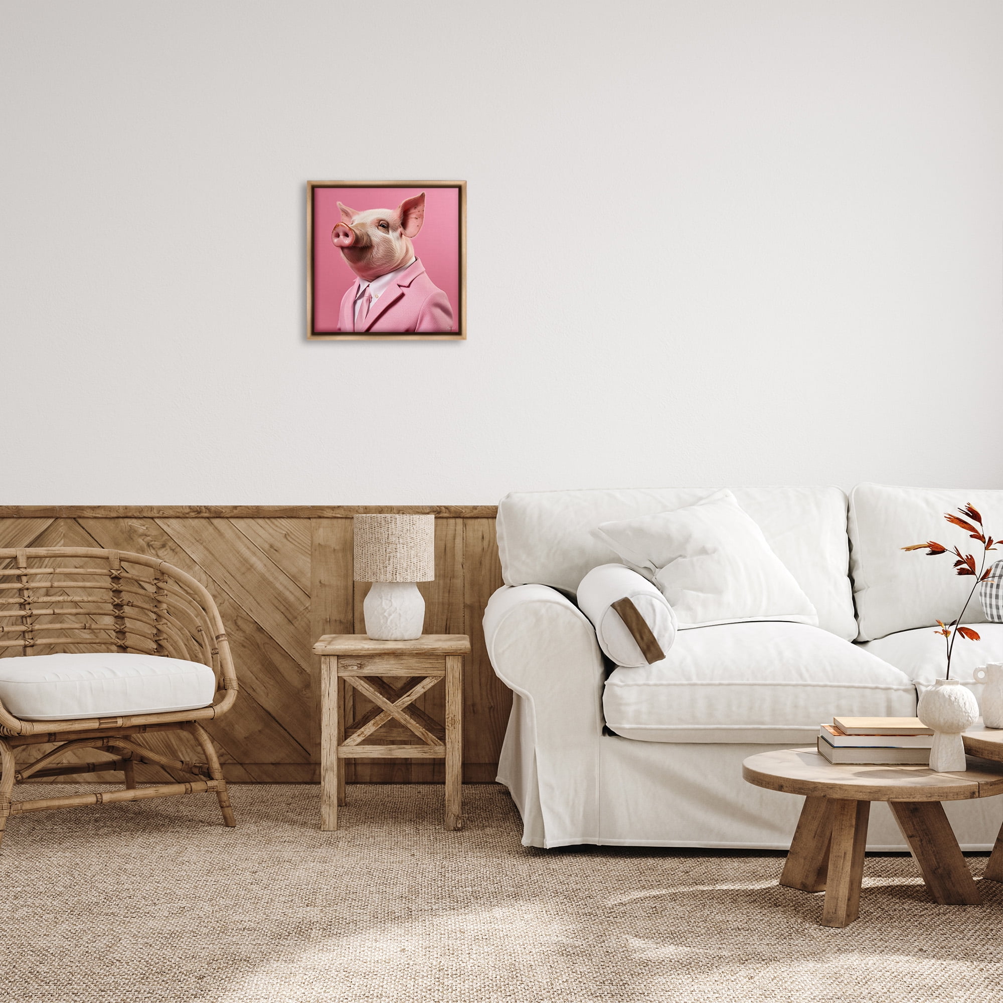 Stupell Industries Pink Pig Fashion Animals & Insects Painting Brown Floater Framed Canvas Art Print Wall Art, 18 x 18