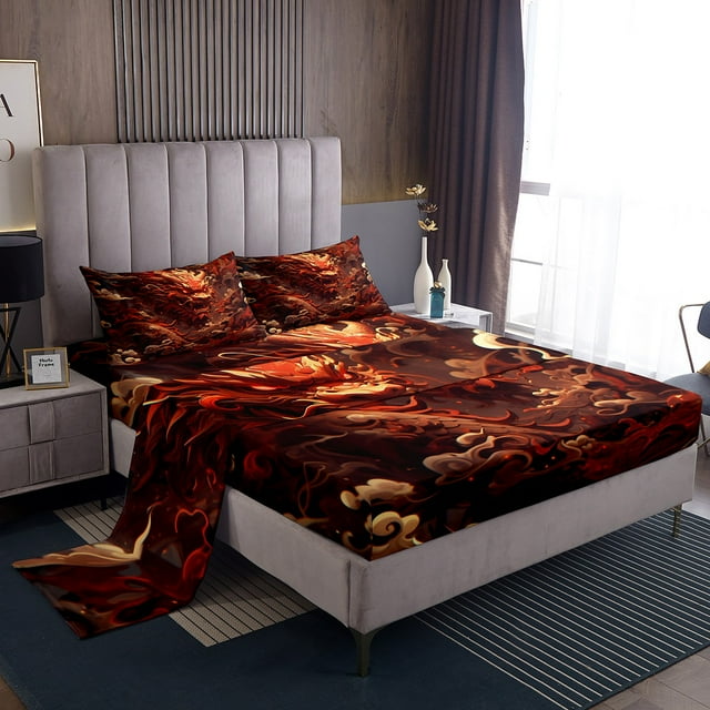 Ensembles de Draps Pleine Grandeur pour Garçons Magic Dragon Draps Noirs et Rouges, Literie d'Animaux Sauvages Ensemble de Draps de Lit Faune Magique, Drap-Housse Créature Ancienne