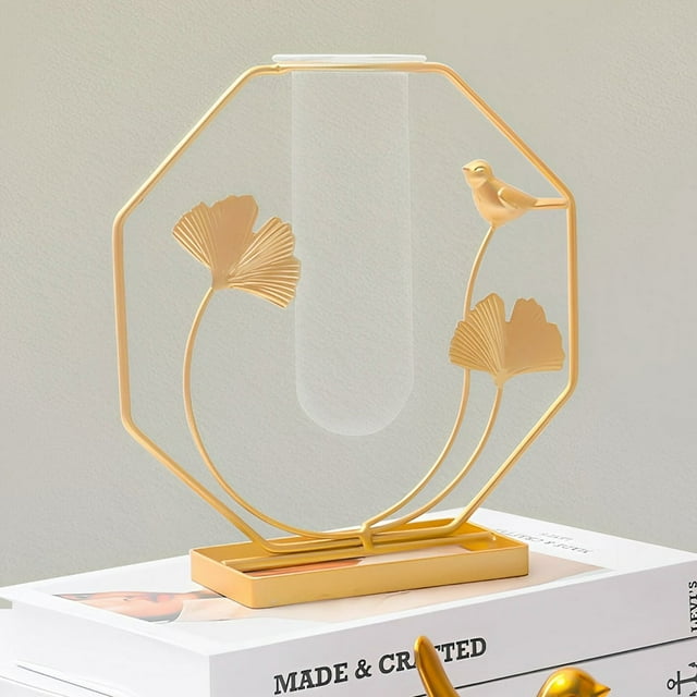 Metal Frame Tube Vase Tube Glass Planter Terrarium Geometric Metal Frame Vase 19.5x21x7.5cm Hexagonal