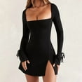 thumbnail image 4 of Womens Square Neck Bodice Dress Long Sleeve Side Slit Flare Mini Dresses Black L, 4 of 8