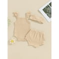 thumbnail image 3 of Argulvti Infant Baby Girls Summer Solid Color Ribbed Romper and Elastic Ruffles Shorts Headband Casual Set, 3 of 8