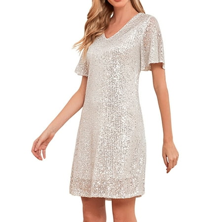 DVKOVI Vestidos Elegantes De Mujer Plus Size Corset Dress Women s Sexy Sequin Dress Wrap V Neck Ruched Bodycon Short Sleeve Party Night Club Dresses Silver L