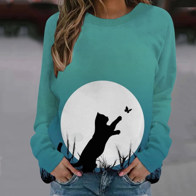 Amzcrzy Sweat-Shirt pour Femmes Col Rond Imprimé Manches Longues Hauts Blouse Régulière Imprimée Chemises Manches Longues pour Femmes Chandail Chandail en Molleton Col Rond Chandail en Molleton pour Femmes S