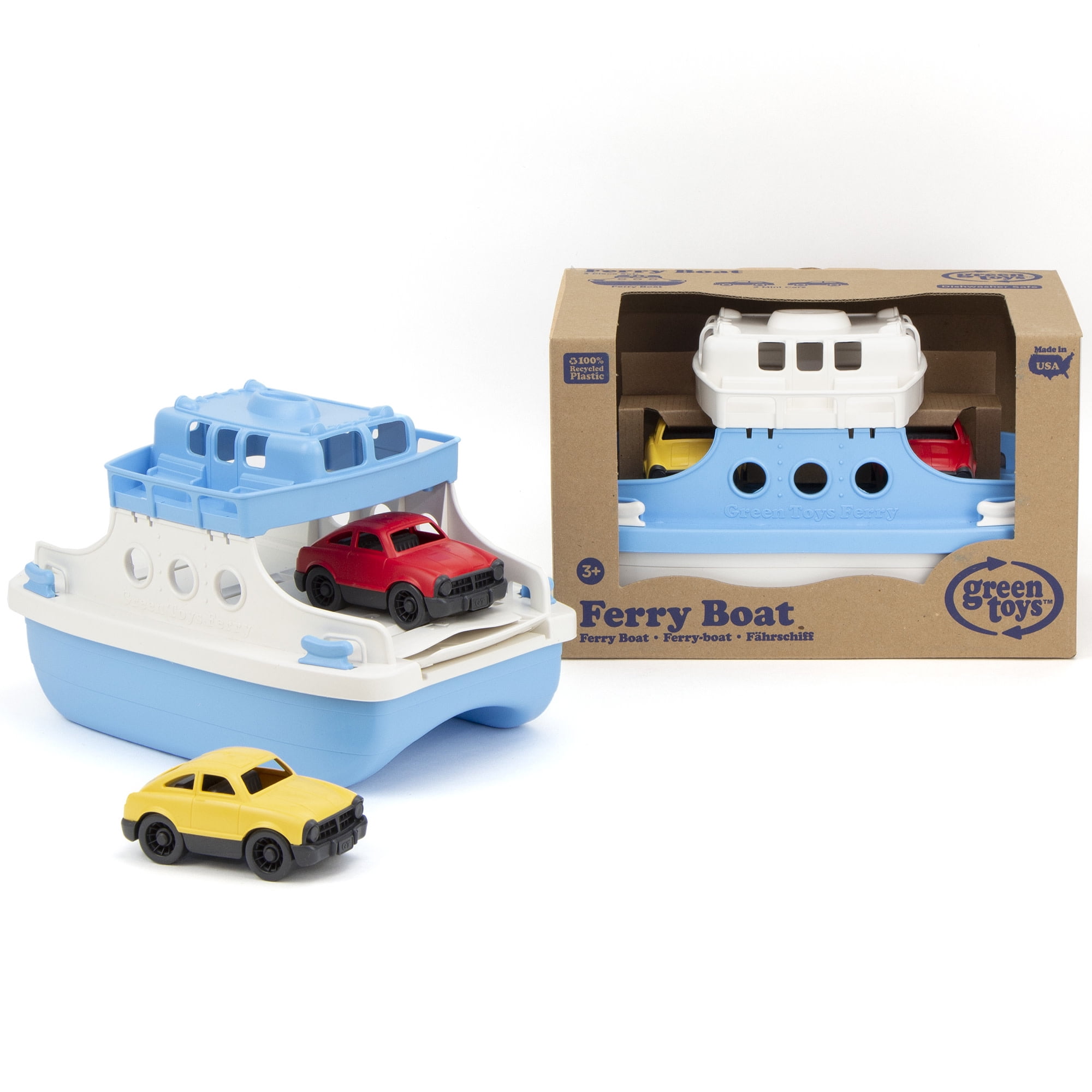 Green Toys: Ferry Boat - Blue & White - Floating Toy Vehicle & 2 Mini Cars, Water & Bathtub Play, Loading Ramp, In/Outdoor, Recycled Material, Kids 3+