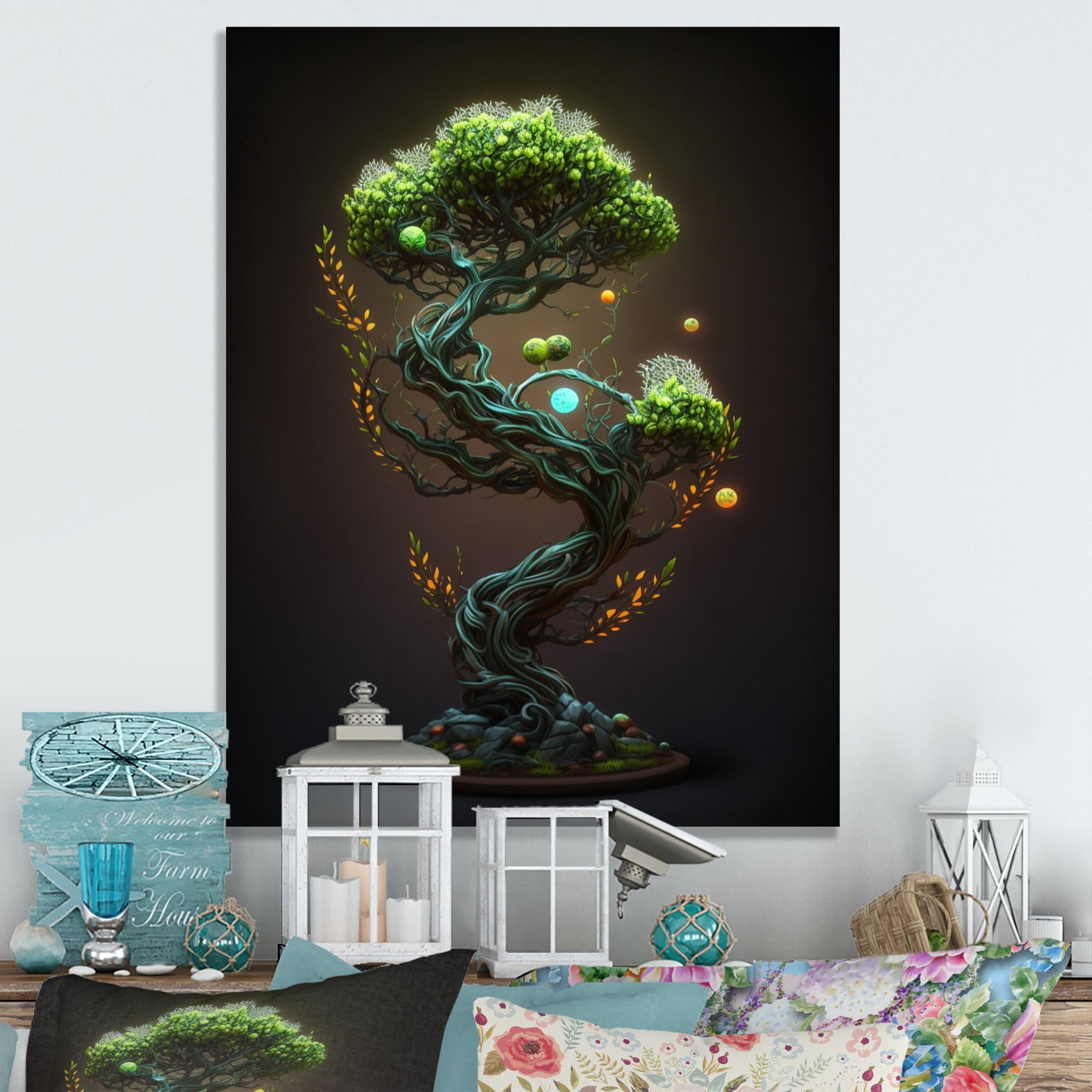 Designart Neon Bonsai Swirl Tree I Canvas Wall Art