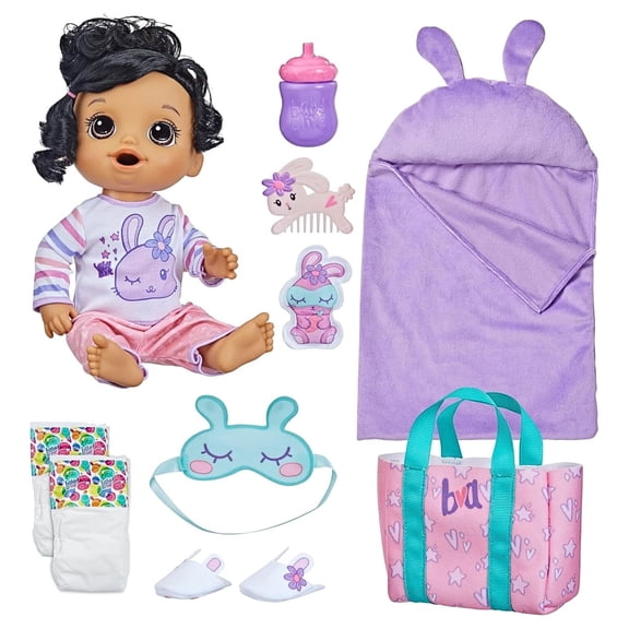 Baby Alive Bunny Sleepover Baby Doll, Bedtime-Themed 12-Inch Dolls, Sleeping Bag & Bunny-Themed Doll Accessories, Toys for 3 Year Old Girls and Boys and Up, Brown Hair