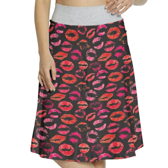 Women's Kiss Passionate Women A-line Printed Skirt Casual Wear, S, Pink Scarlet Black, by Ambesonne