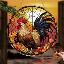 2D Flat Rooster Sun Catcher - 8inch Round Acrylic Stained Glass-Style Window Hanging with Vibrant Autumn Red Rooster & Colorful Leaves, Bohemian Home Office Garden Decor, Thanksgiving Gift